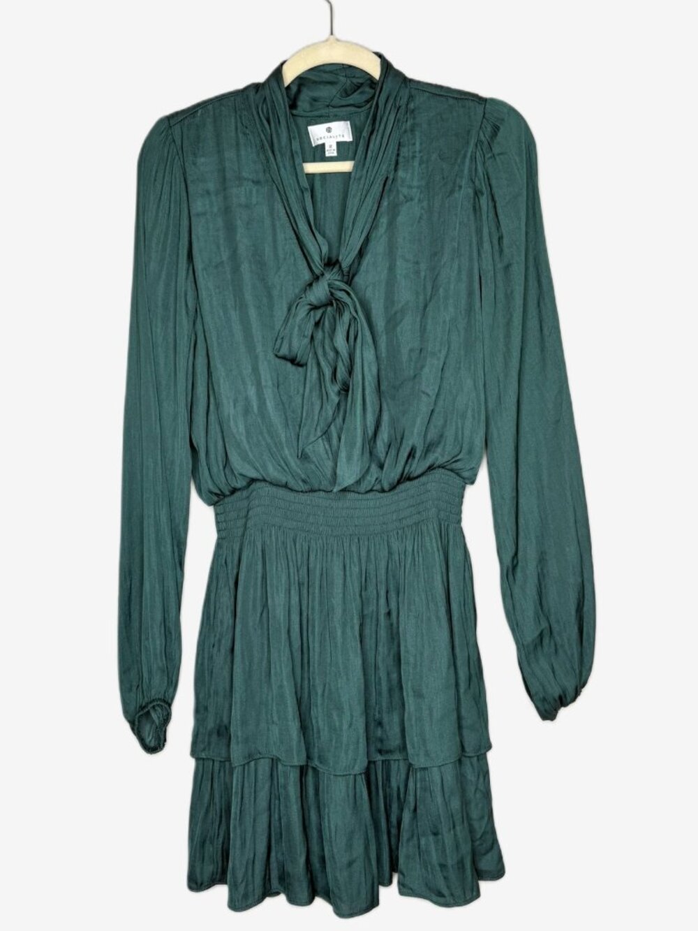 Socialite Smocked Tiered Satin Dress – Emerald Green – Long Sleeve – Medium
